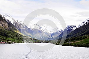 Snowy Mountain, Sunny Valley and Waterfront Scene