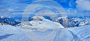 The snowy mountain trail to 5 fingers platform, Dachstein-Krippenstein, Salzkammergut, Austria