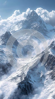 Snowy Mountain View with Cloudscape, Cold Winter And High Altitude Environment Concept