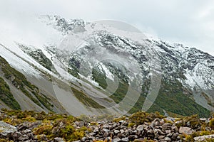 Snowy mountains along the Hooker Valley Track, Mount Cook National Park