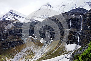 Snowy mountains, cliffs and waterfalls