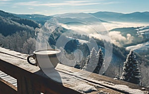 snowy mountains with cup of steamy hot milky coffee on a wooden deck