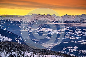 Snowy mountains in Kronplatz, Italy. Golden hour