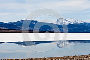 Snowy Mountains mirrored on Lake Laberge, Yukon