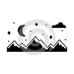 Snowy mountains with moon, stars, cloud. Black simple illustration of winter night nature, highlands, extreme sports. Graphic