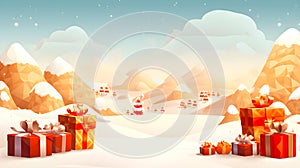 Snowy mountains, orange and red gift boxes, small festive town, blue sky, floating clouds, winter scene