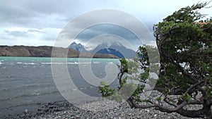 Snowy mountains panorama on background of ocean coast in Antarctica.