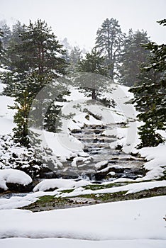 Snowy mountains with river in Madrid.