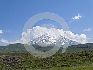 Snowy mountains in spring