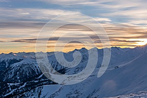 Snowy mountains during sunset in the ski resort Serfaus Fiss Lad