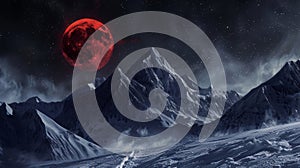 Snowy mountains under red moon night sky