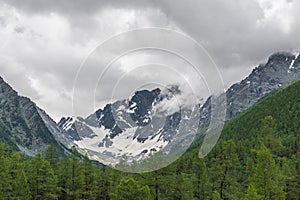 Snowy mountains on the way to Lake Kuyguk Mountain Altai