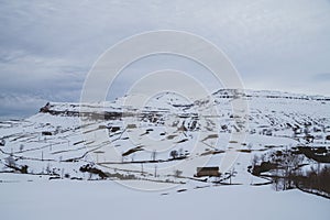 Snowy mountains in winter in Trueba