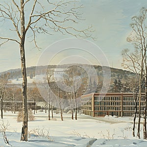 A snowy natural landscape with a building in the background