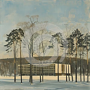 A snowy natural landscape with a building in the background