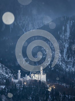 A snowy Neuschwanstein Castle in winter in Bavaria