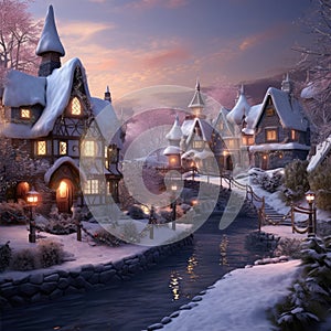 Snowy night in cozy christmas town city panorama. Winter christmas village NIGHT landscape Generative AI technology