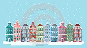 Vector illustration of cute snowy christmas town city panorama witht bright houses. Winter Christmas background