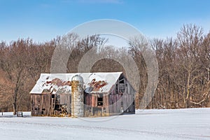 Snowy Old Barn and Silo