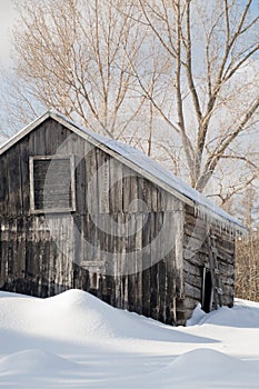 Snowy old log cabin barn with icicles