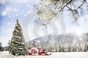 Snowy Outdoor Christmas Tree Scene in Mountains