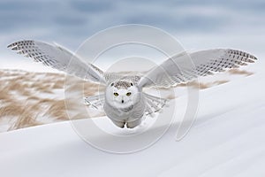 Snowy owl (Bubo scandiacus)flies low over an open snowy field. Amazing wildlife. Generative Ai