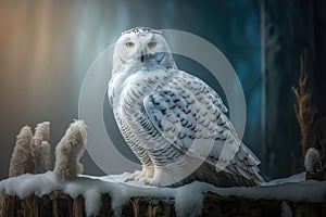 Snowy Owl, Bubo Scandiacus with piercing yellow eyes. AI Generation