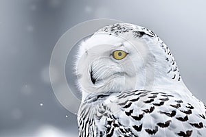 Snowy owl with feather patterns and piercing yellow eyes