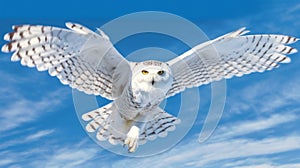 Snowy owl in flight against a blue sky. Generative AI