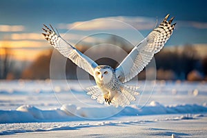 Snowy Owl in Flight over Winter Field at Sunset