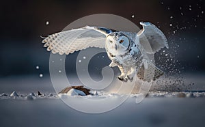 Snowy owl flying down to catch a mouse, in snow in winter, generative AI