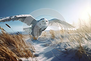 Snowy owl flying. Generate AI