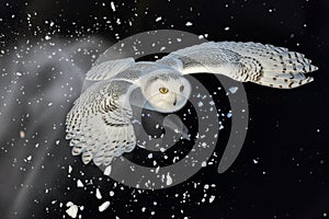 snowy owl flying headon with snow particles trailing behind it