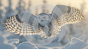 Snowy owl flying over canadian tundra with detailed spread wings in soft winter light