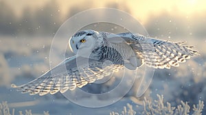 Snowy owl flying over canadian tundra, detailed wings, blurred snowy landscape, soft winter light