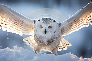 Snowy owl flying over a snow covered field with wings spread. Amazing American Wildlife. Generative Ai