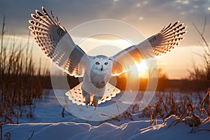 Snowy owl flying over a snow covered field with wings spread at sunset. Amazing American Wildlife. Generative Ai