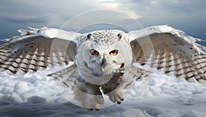 Snowy owl flying in the sky, spreading wings, looking at camera generated by AI