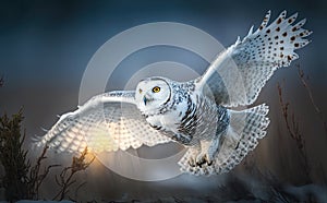 A snowy owl flying to approach a branch with the sun behind in snowy, generative AI