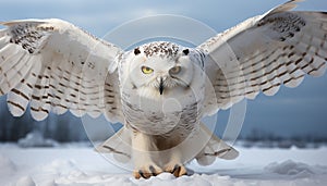 Snowy owl flying in the winter forest, staring with intense focus generated by AI