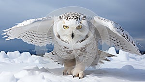 Snowy owl flying in the winter, looking at camera, majestic generated by AI