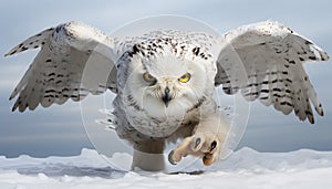 Snowy owl flying in the winter, spreading wings, fierce and majestic generated by AI