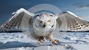 Snowy owl flying in the winter, spreading wings, looking at camera generated by AI
