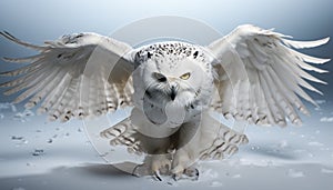 Snowy owl flying in the winter, spreading wings, looking at camera generated by AI
