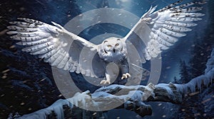 Snowy owl in the forest at night. AI Generated