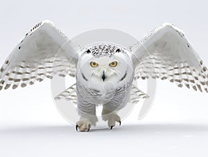 Snowy owl isolated against a white background coming in for the kill on a snow covered field in