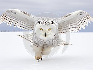 Snowy owl isolated against a white background coming in for the kill on a snow covered field in