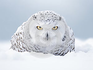 Snowy owl isolated against a white background coming in for the kill on a snow covered field in