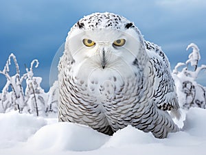 Snowy owl isolated against a white background coming in for the kill on a snow covered field in