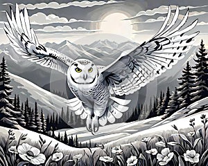 Snowy owl landing monochrome minimalist artwork drawing